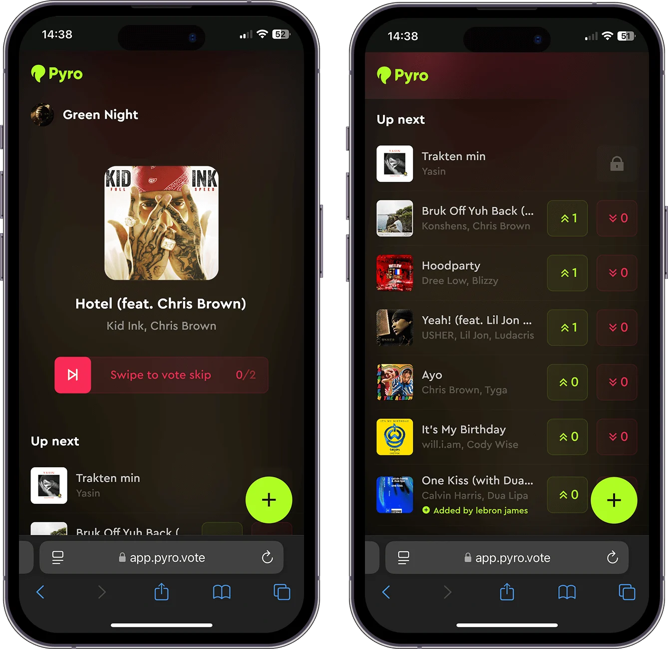 Two phones on the guest voting page: the current song, and the queue with up and down votes