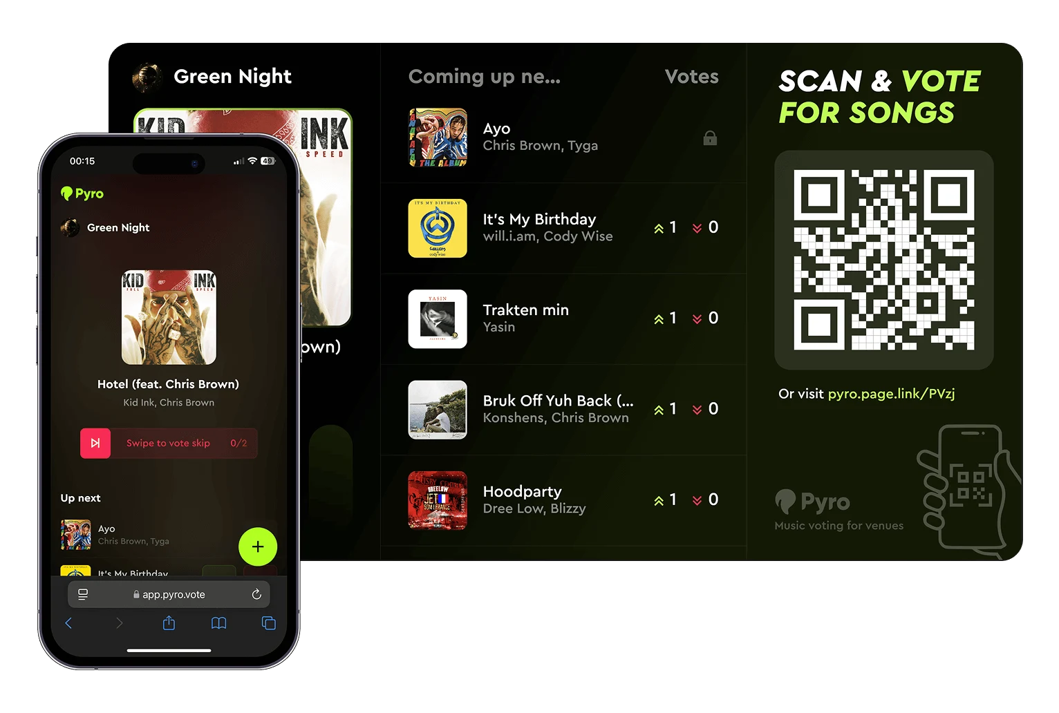 The Pyro screen display with the live queue and the QR code, and a phone voting on the next song