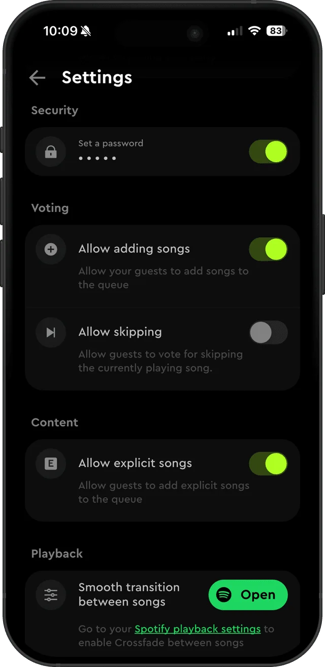 The staff settings screen with the voting and content switches