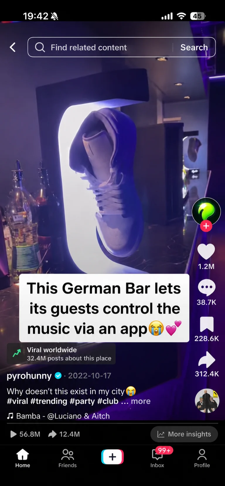 A TikTok about a bar where guests control the music, with 56.8 million views